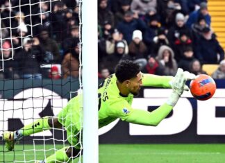 Okoye reacts to penalty save despite heavy defeat