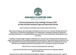 Super Falcons star Ashleigh Plumptre warns fans about fake facebook account